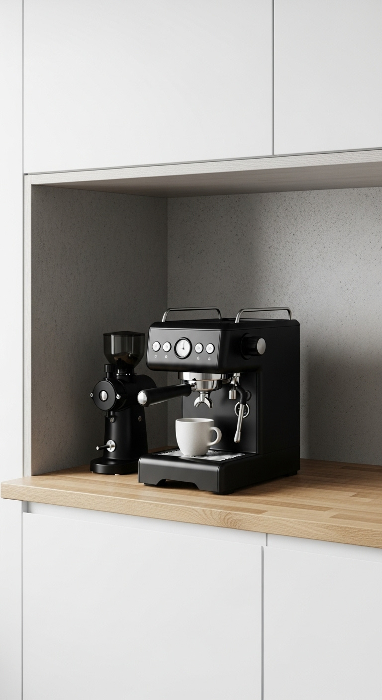 Genius coffee bar setup with espresso machine and warm wood tones