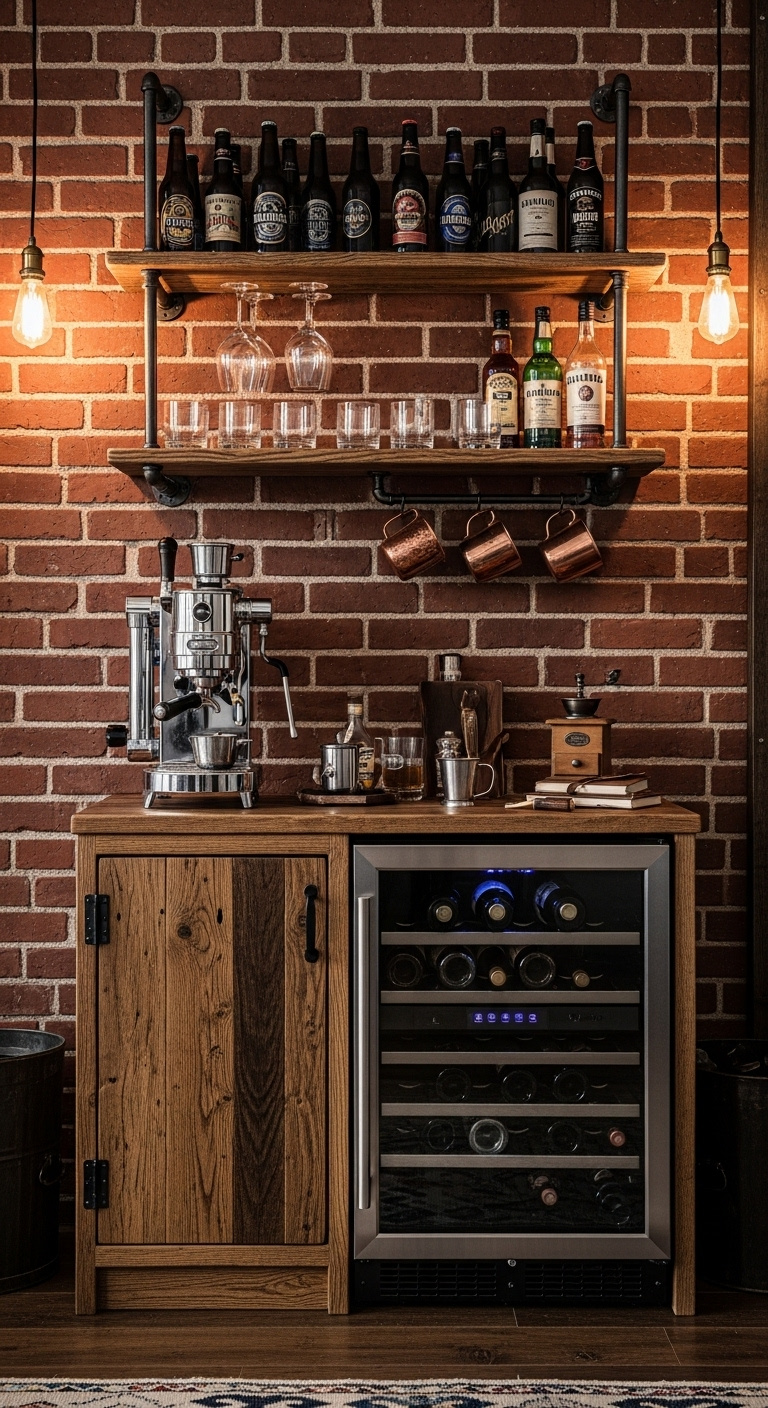 Genius coffee bar wine cooler setup with espresso machine and marble counter