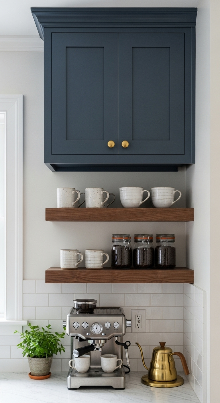Genius kitchen espresso station ideas with sleek machine and floating shelves