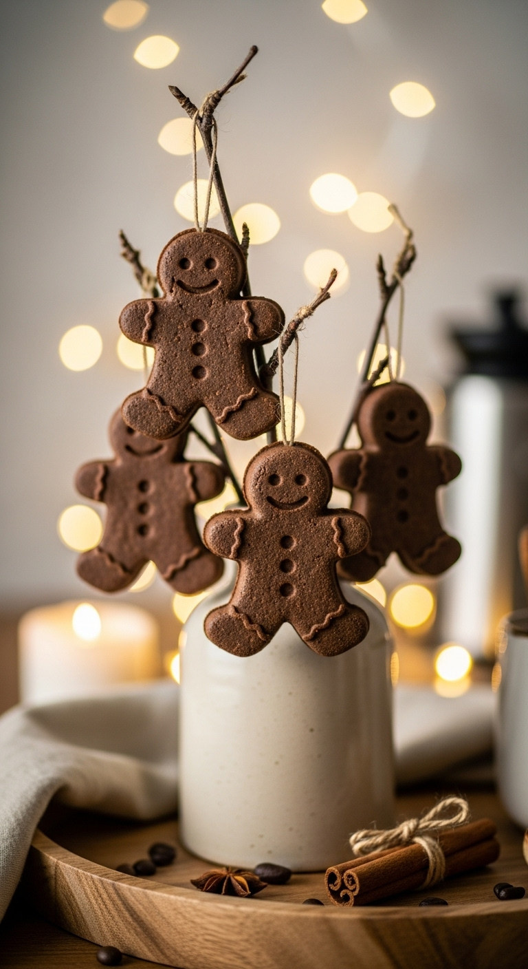 Gingerbread man shaped coffee scented ornaments hanging from a branch in a vase on a rustic wooden tray