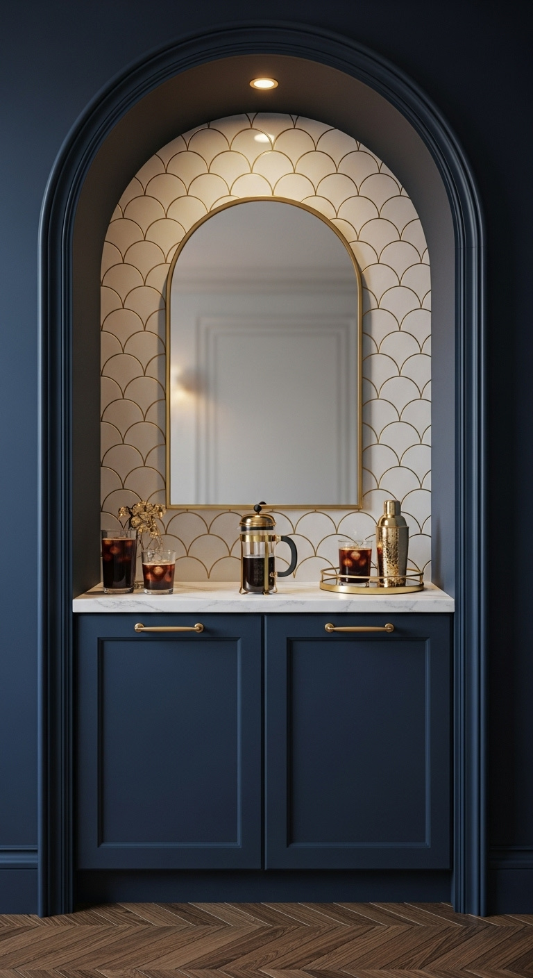 Glam Art Deco coffee nook in navy arch with scalloped tiles marble countertop brass French press and arched mirror