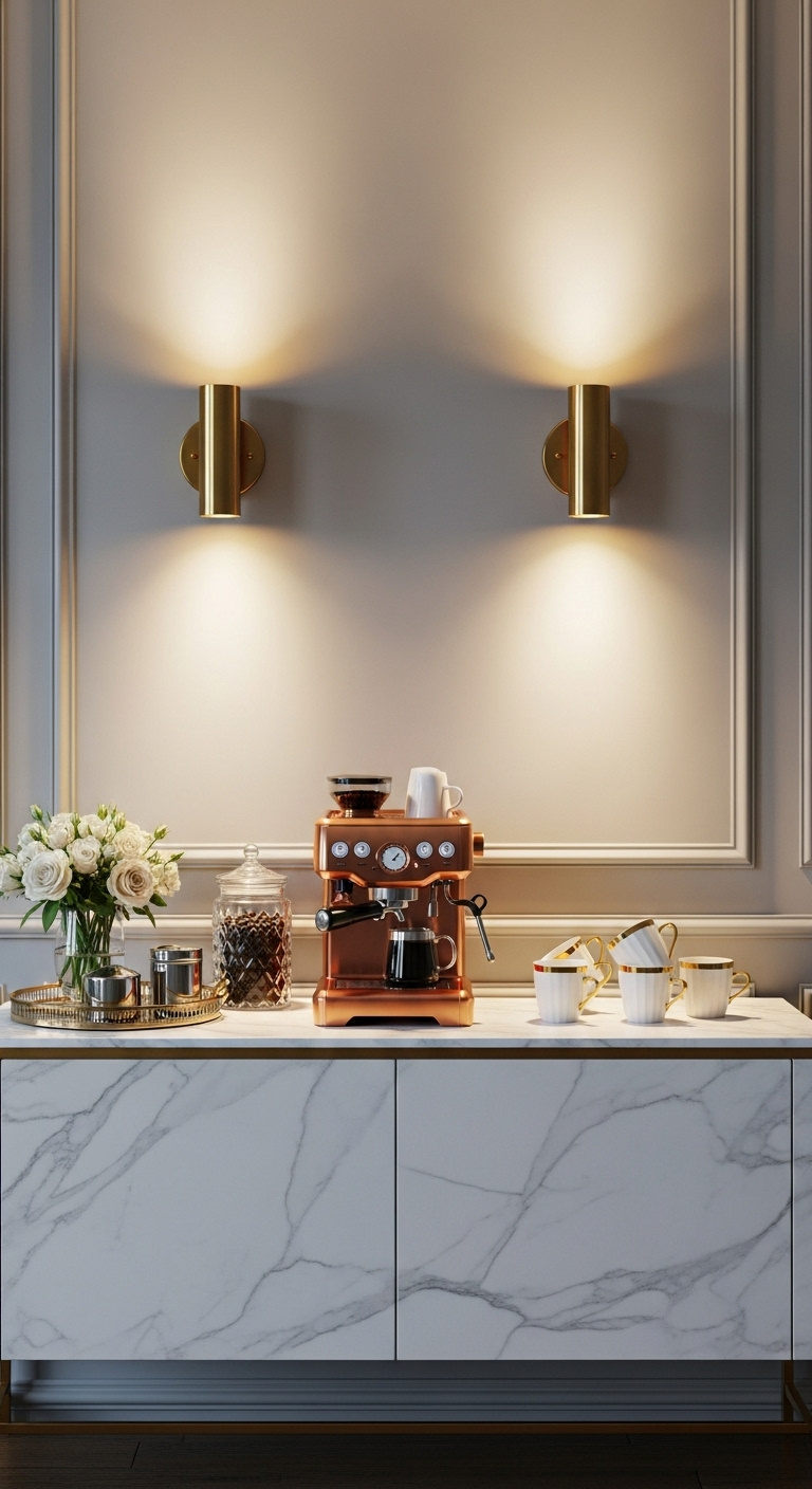 Glamorous coffee station with brass wall sconces white marble top copper espresso machine crystal coffee beans gold rimmed mugs