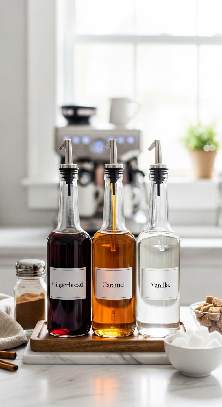 Glass bottles of gingerbread caramel and vanilla coffee syrups with silver pour spouts on a wooden tray