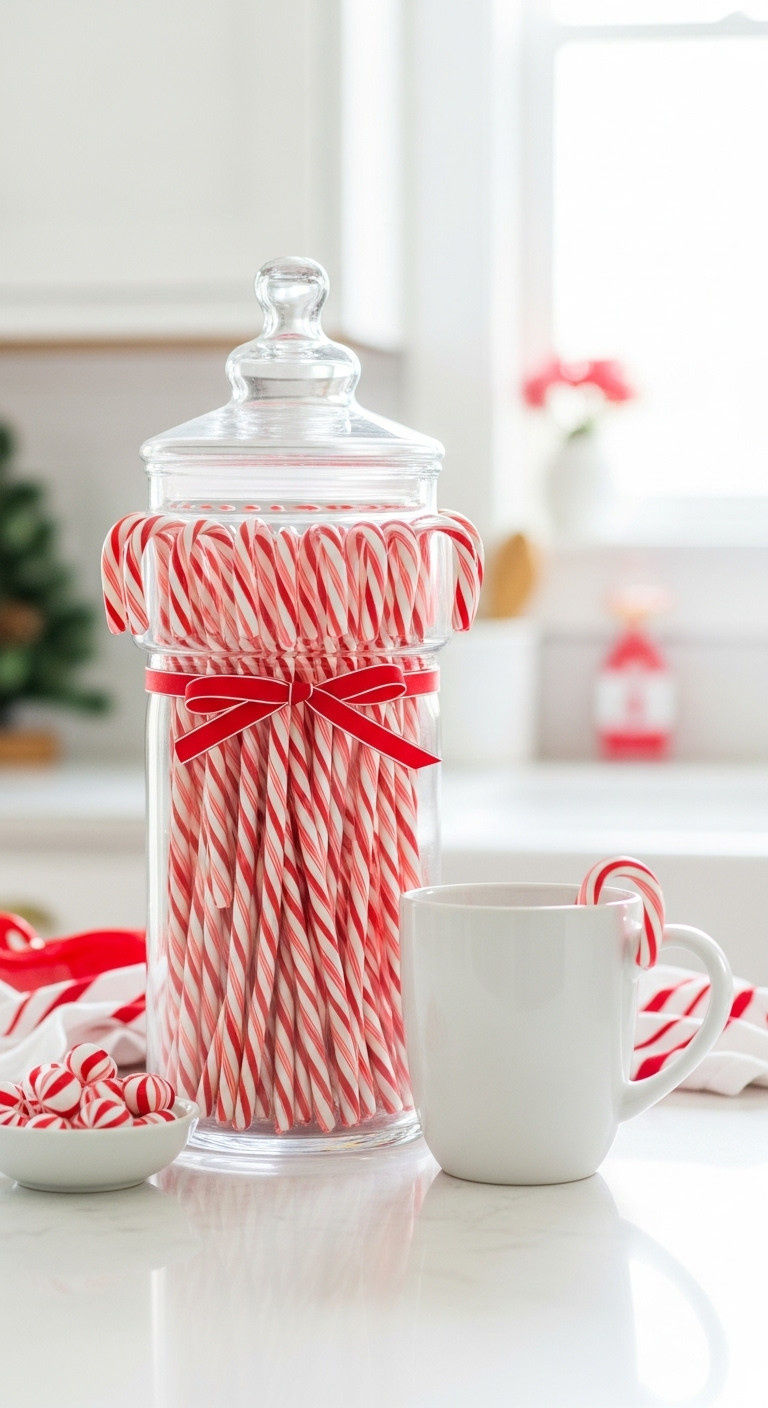 Glass canister of red and white candy canes next to a white coffee mug on a clean white countertop