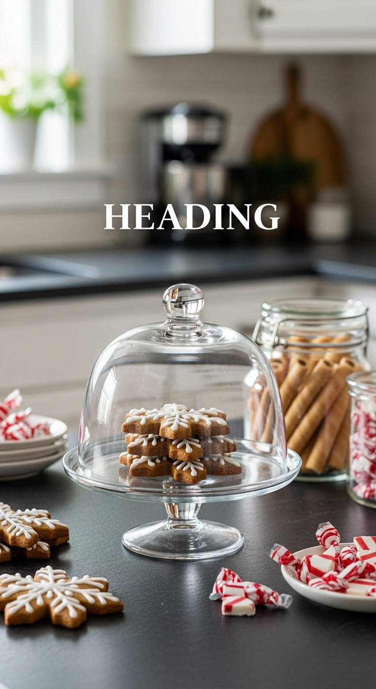 Glass cloche covering snowflake gingerbread cookies on a dark soapstone countertop coffee bar