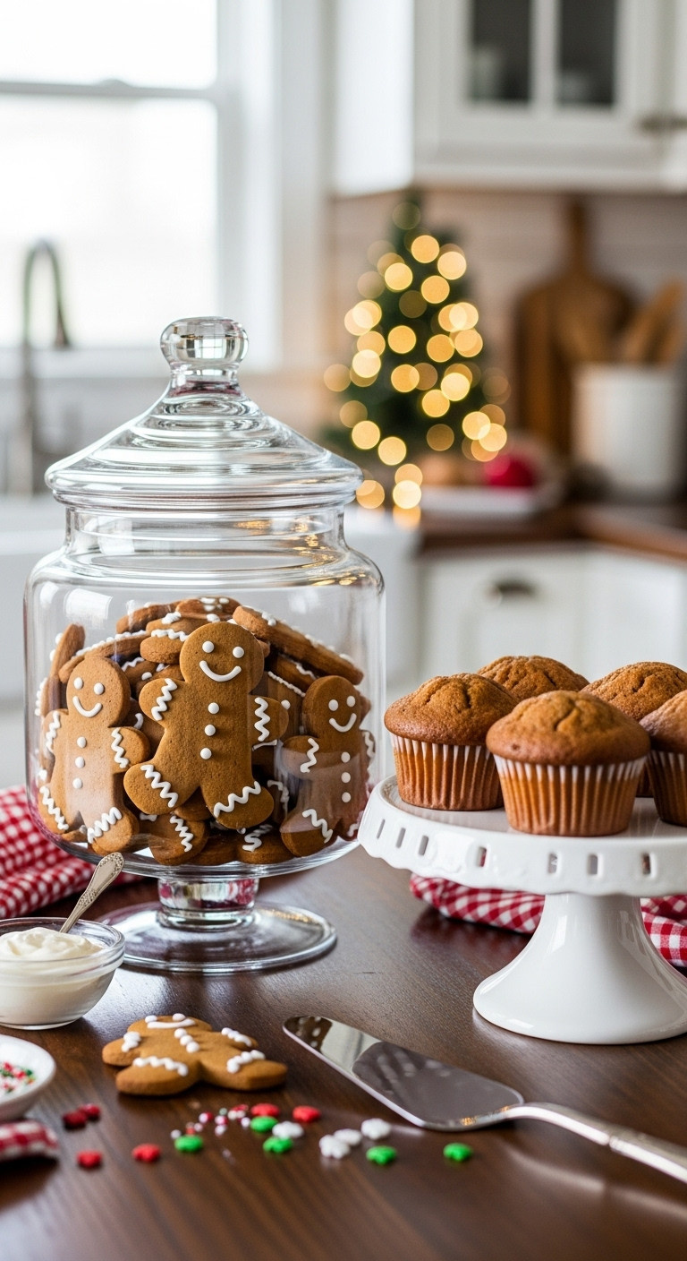 Glass jar of gingerbread man cookies next to gingerbread muffins on a white pedestal dish on a dark wood countertop