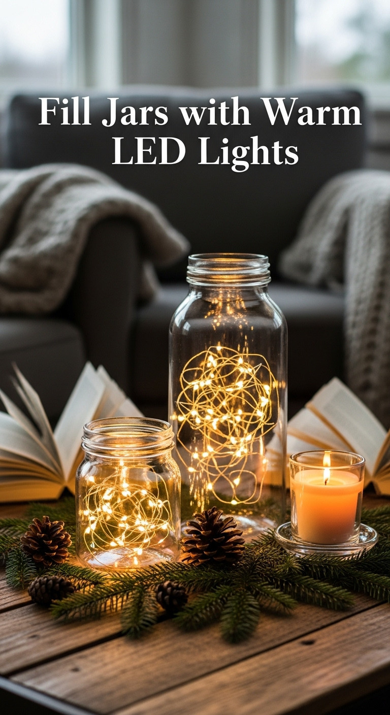 Glass jars filled with warm LED string lights on pine branches and pinecones on a rustic coffee table with a lit candle and cozy blanket