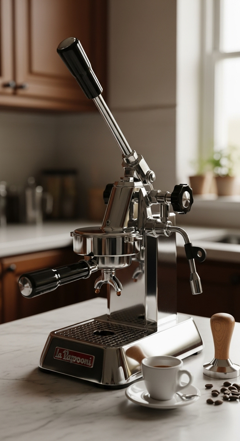 Gleaming 1970s chrome La Pavoni Europiccola lever espresso machine with espresso drop cup coffee beans and tamper on marble countertop