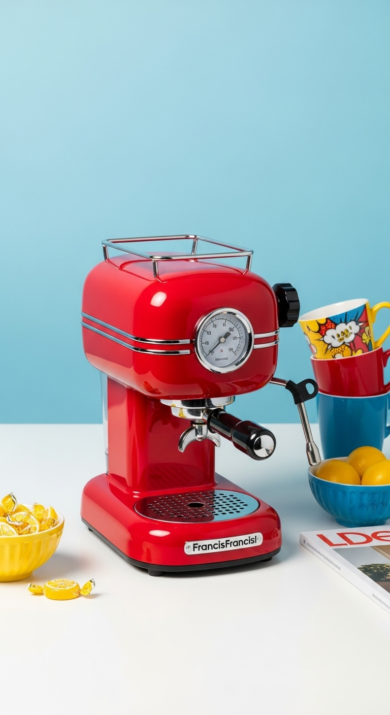 Glossy cherry red FrancisFrancis X5 espresso machine with a quirky retro futuristic shape and prominent pressure gauge