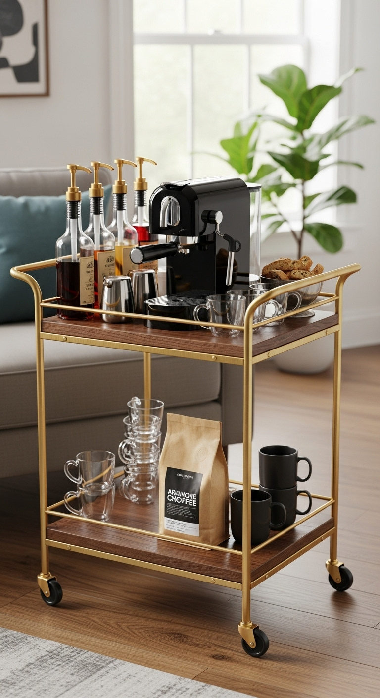 Gold and wood bar cart styled as a mobile coffee station with espresso machine syrup bottles and glass cups