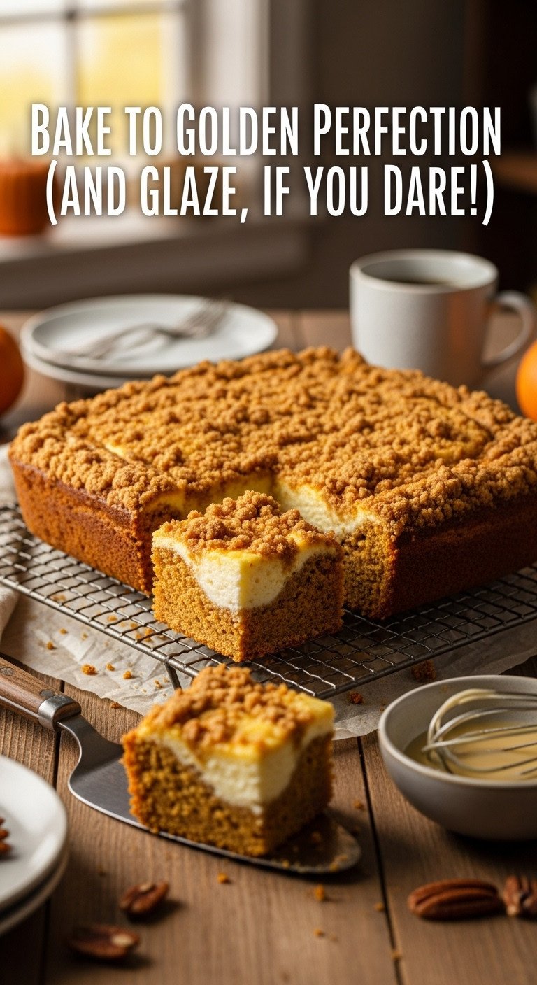 Golden brown pumpkin coffee cake with cream cheese swirl and streusel on a wire rack with a removed slice and vanilla glaze