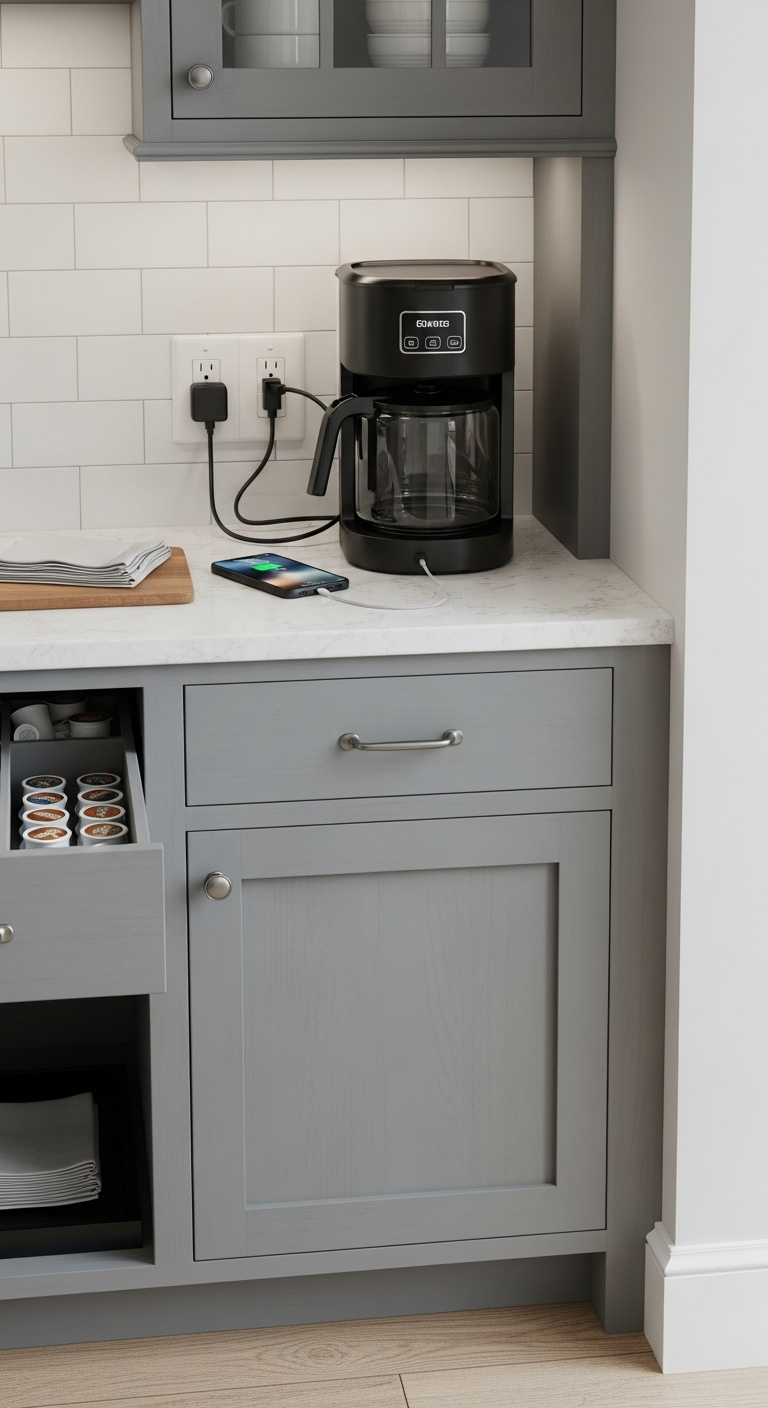 Gray farmhouse coffee bar cabinet with integrated power outlets black coffee maker phone charging hidden LED lights