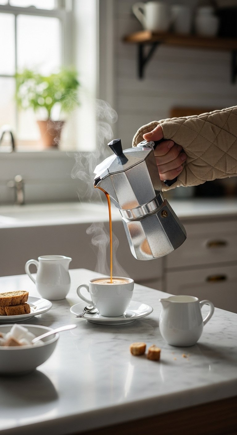 Hand pouring rich dark steaming coffee from a vintage metal Moka pot into an elegant espresso cup with crema