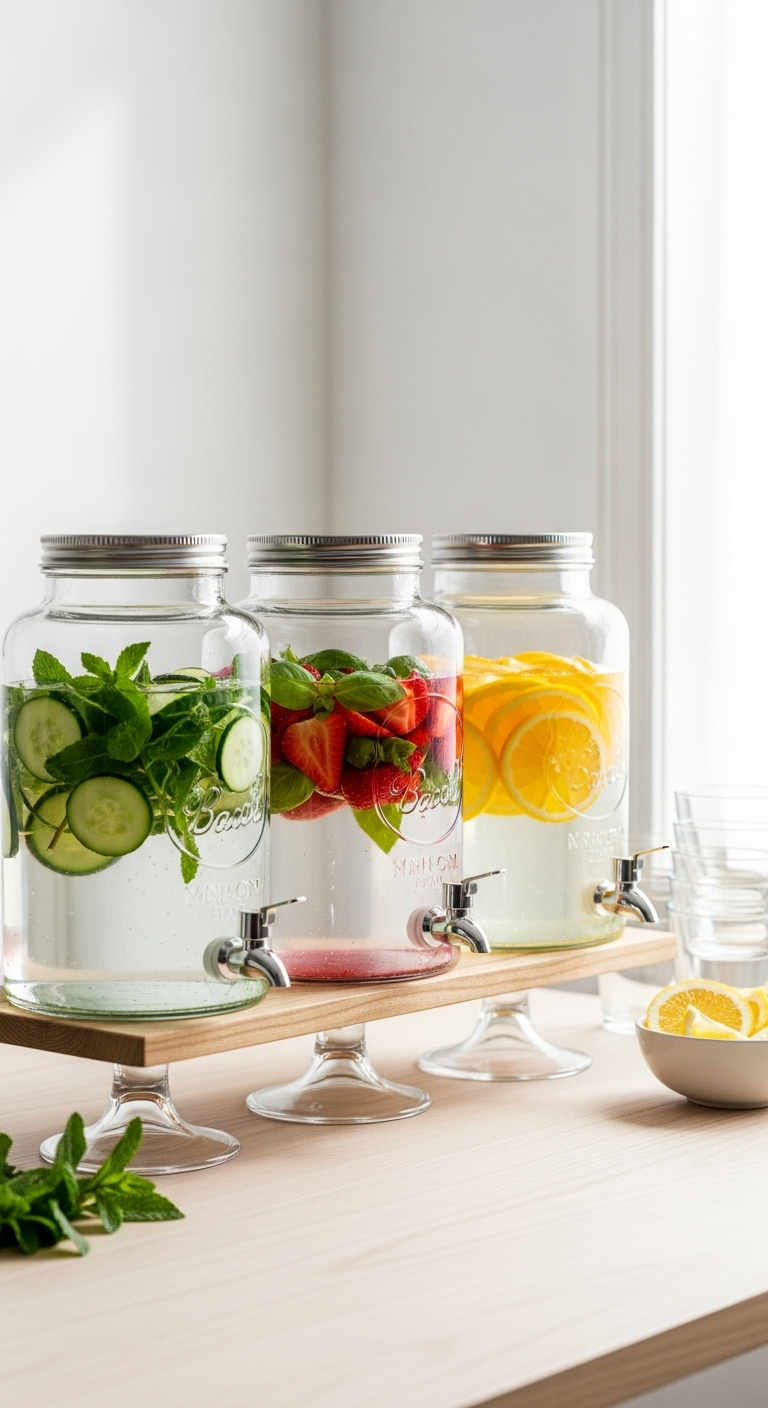 Healthy spa water station with three glass dispensers of fruit and herb-infused water on wood table