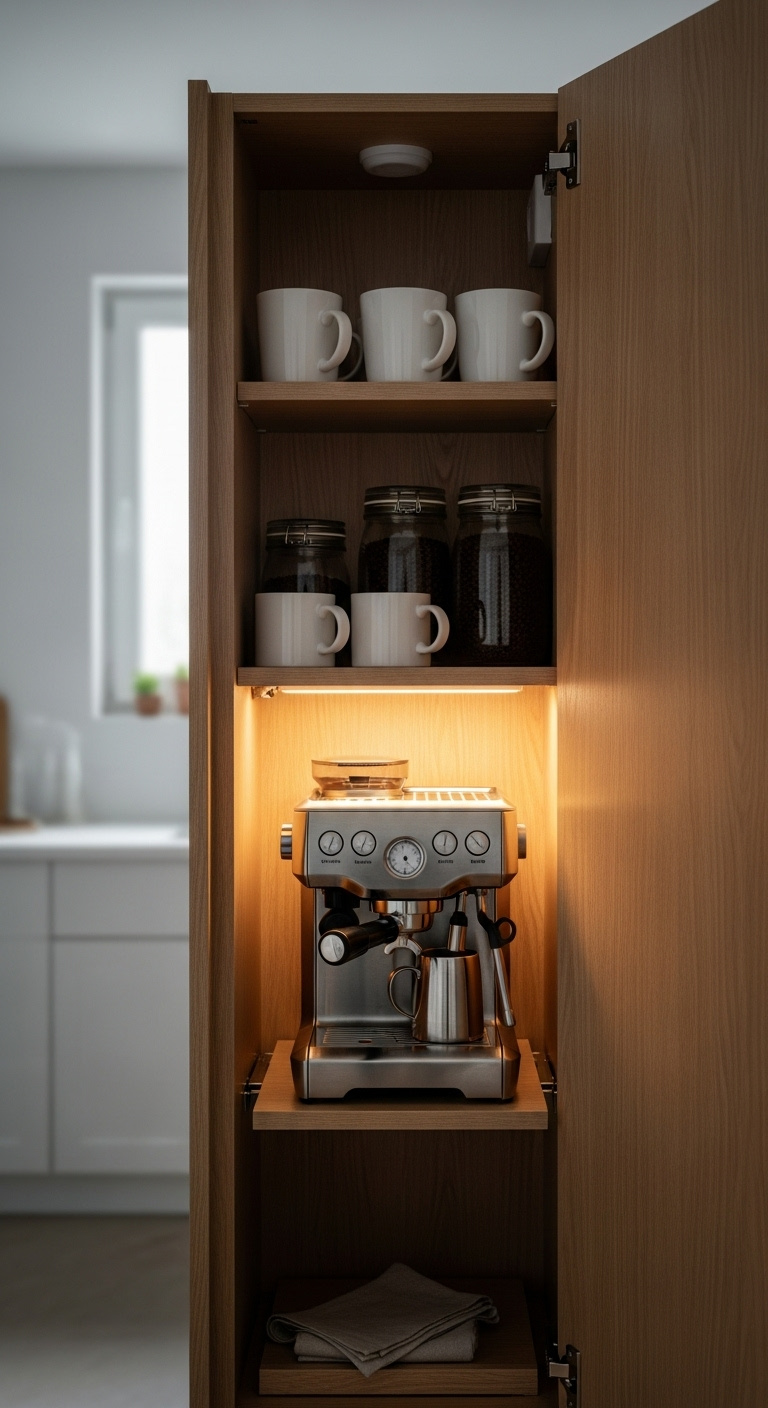 Hidden Japandi coffee bar in a light wood cabinet with a silver espresso machine mugs and coffee bean jars illuminated by LED light