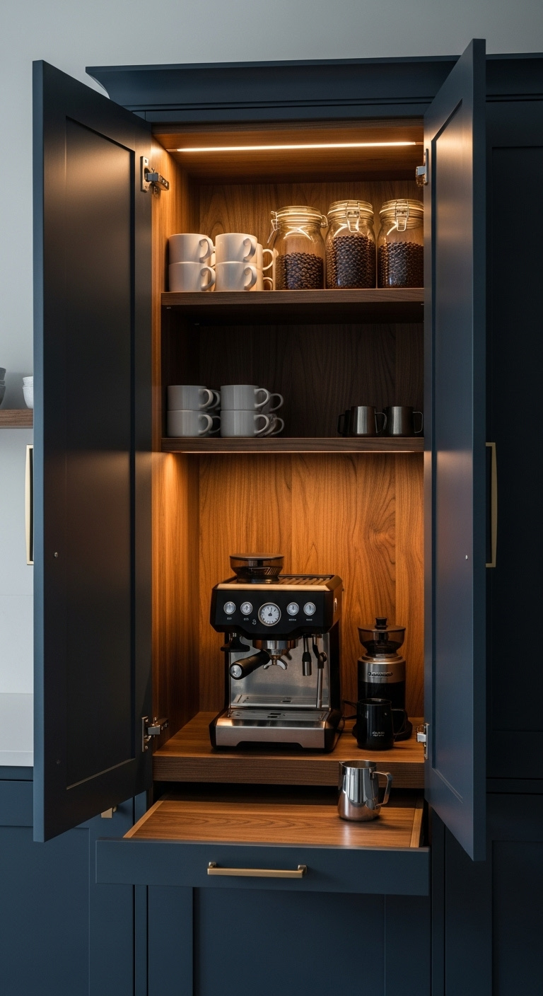 Hidden appliance garage coffee bar in dark navy shaker cabinets with walnut interior and espresso machine
