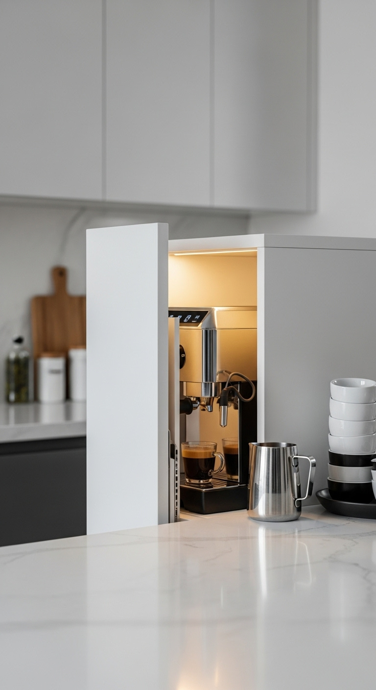 Hidden appliance garage coffee bar with retractable door integrated lighting and high end espresso machine