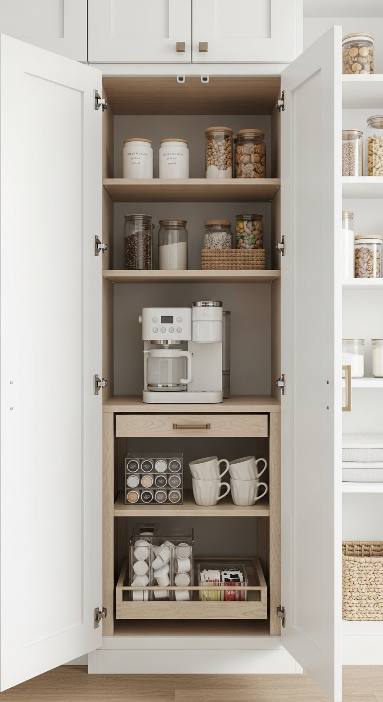 Hidden appliance garage hutch with organized coffee station inside white pantry door pull-out coffee maker and acrylic organizers