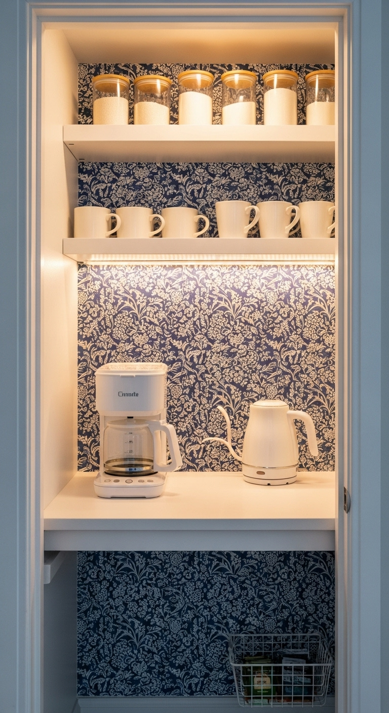 Hidden closet coffee bar with blue and white floral wallpaper drip coffee maker and mugs