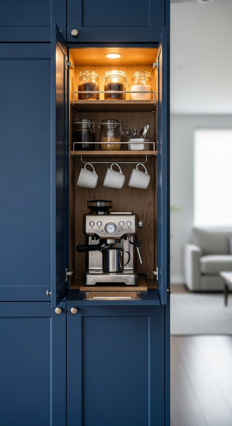 Hidden coffee bar inside navy blue cabinet with chrome coffee machine hanging mugs and glass jars