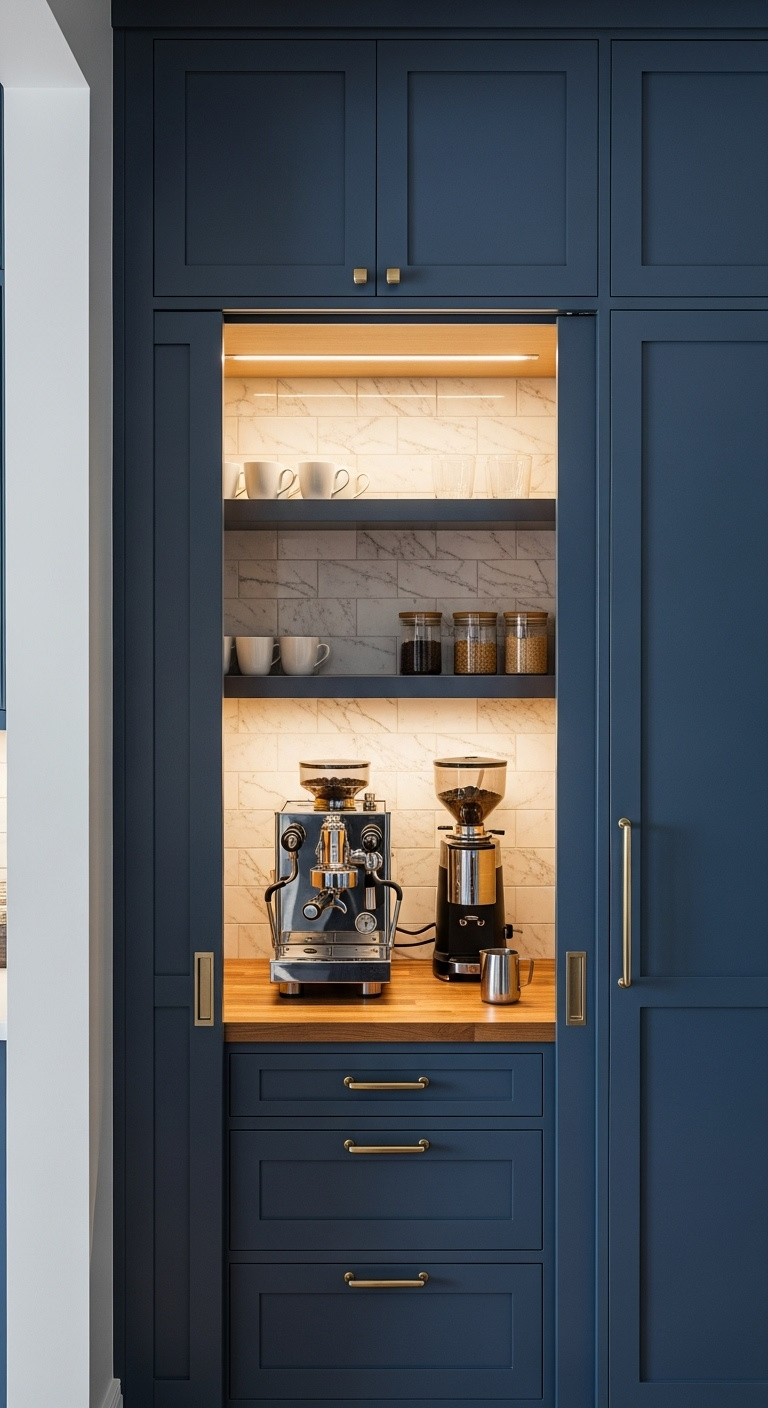 Hidden coffee cabinet nook in navy blue kitchen cabinets with marble subway tile espresso machine and butcher block counter