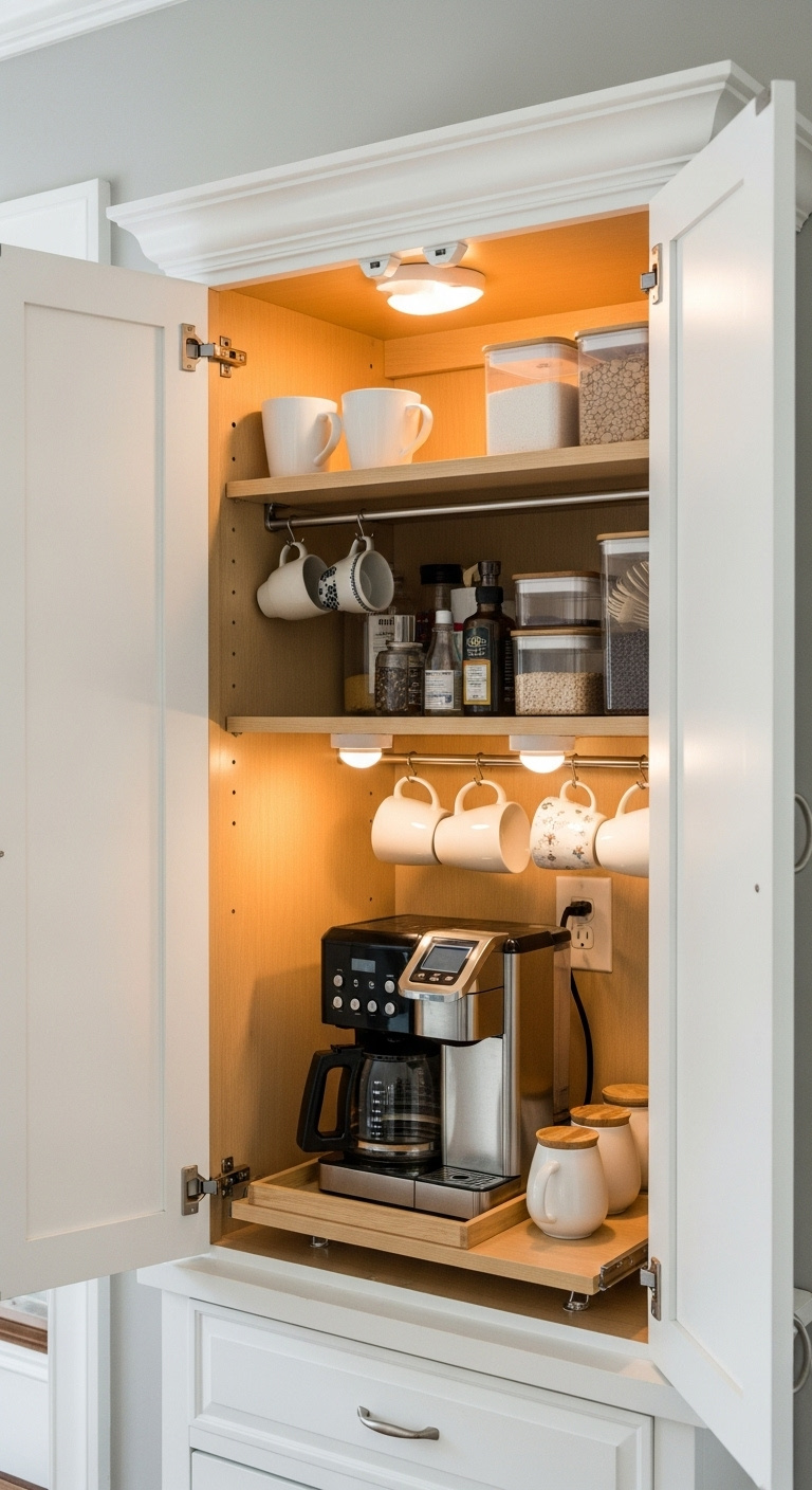 Hidden coffee station in a cabinet with a coffee maker mugs and organized supplies