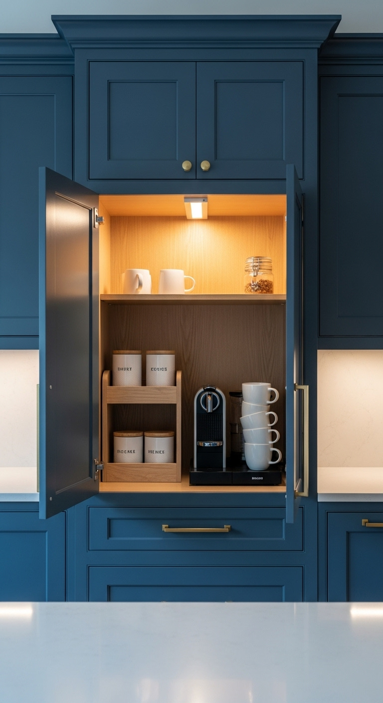 Hidden coffee station in a dark blue kitchen cabinet with a coffee maker mugs canisters and a pull out shelf illuminated by a puck light