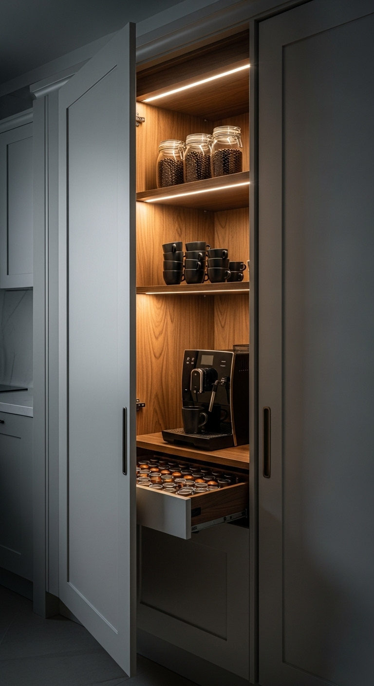 Hidden coffee station inside a light gray cabinet with walnut interior, black coffee machine, and LED lighting