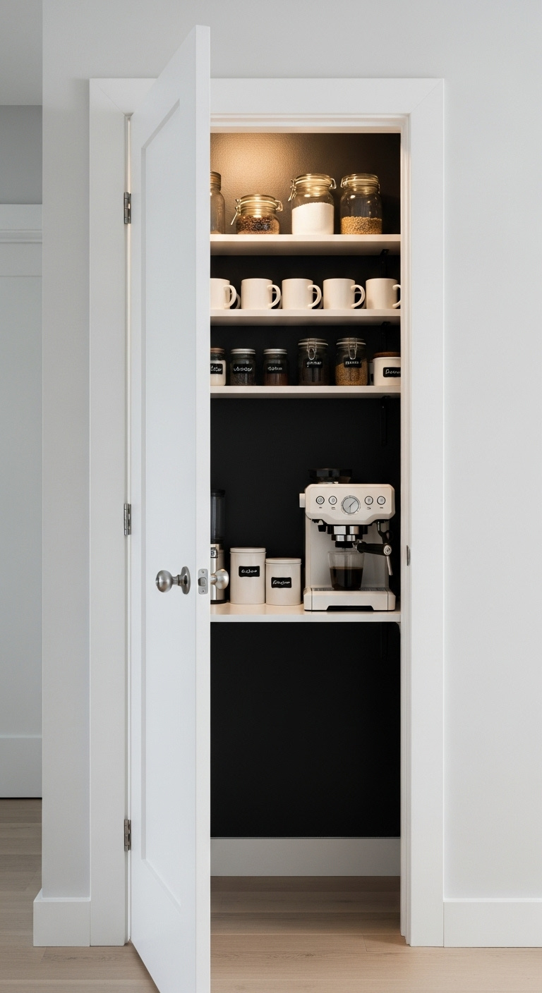 Hidden coffee station inside a small closet with a white coffee machine and organized mugs against a charcoal wall
