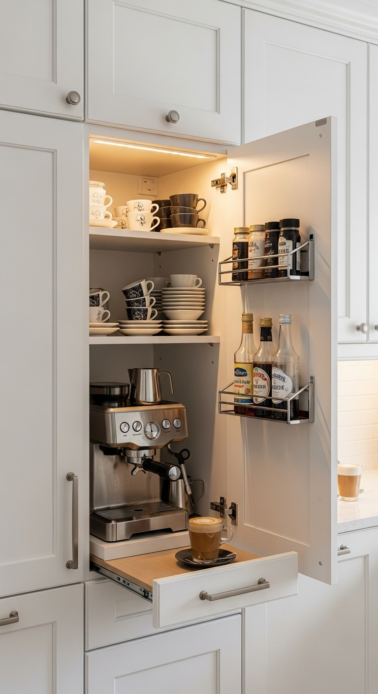 Hidden coffee station inside open white cabinet with espresso machine cups syrups and LED lighting