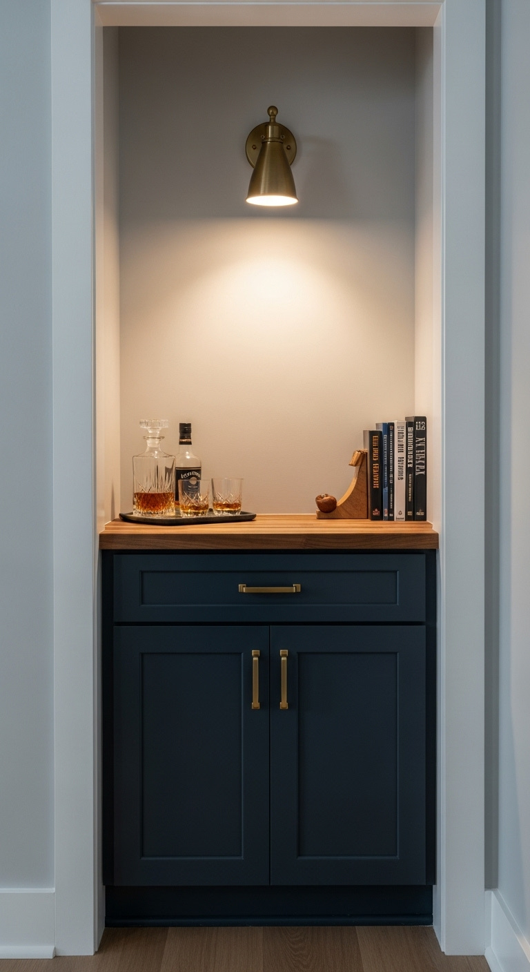 Hidden hallway alcove bar with navy blue cabinets brass hardware and butcher block countertop