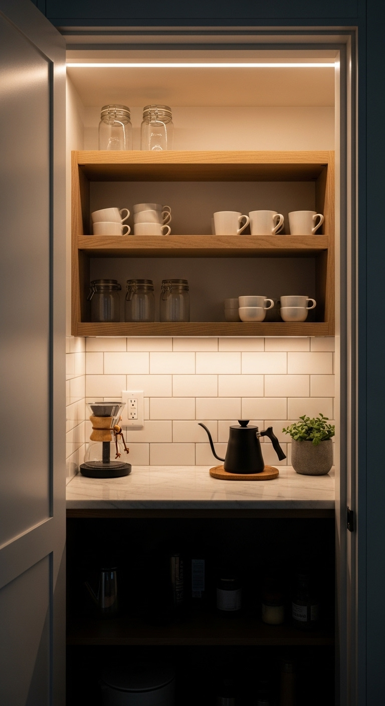 Hidden pantry coffee nook with marble counter subway tile oak shelves and pour over coffee maker