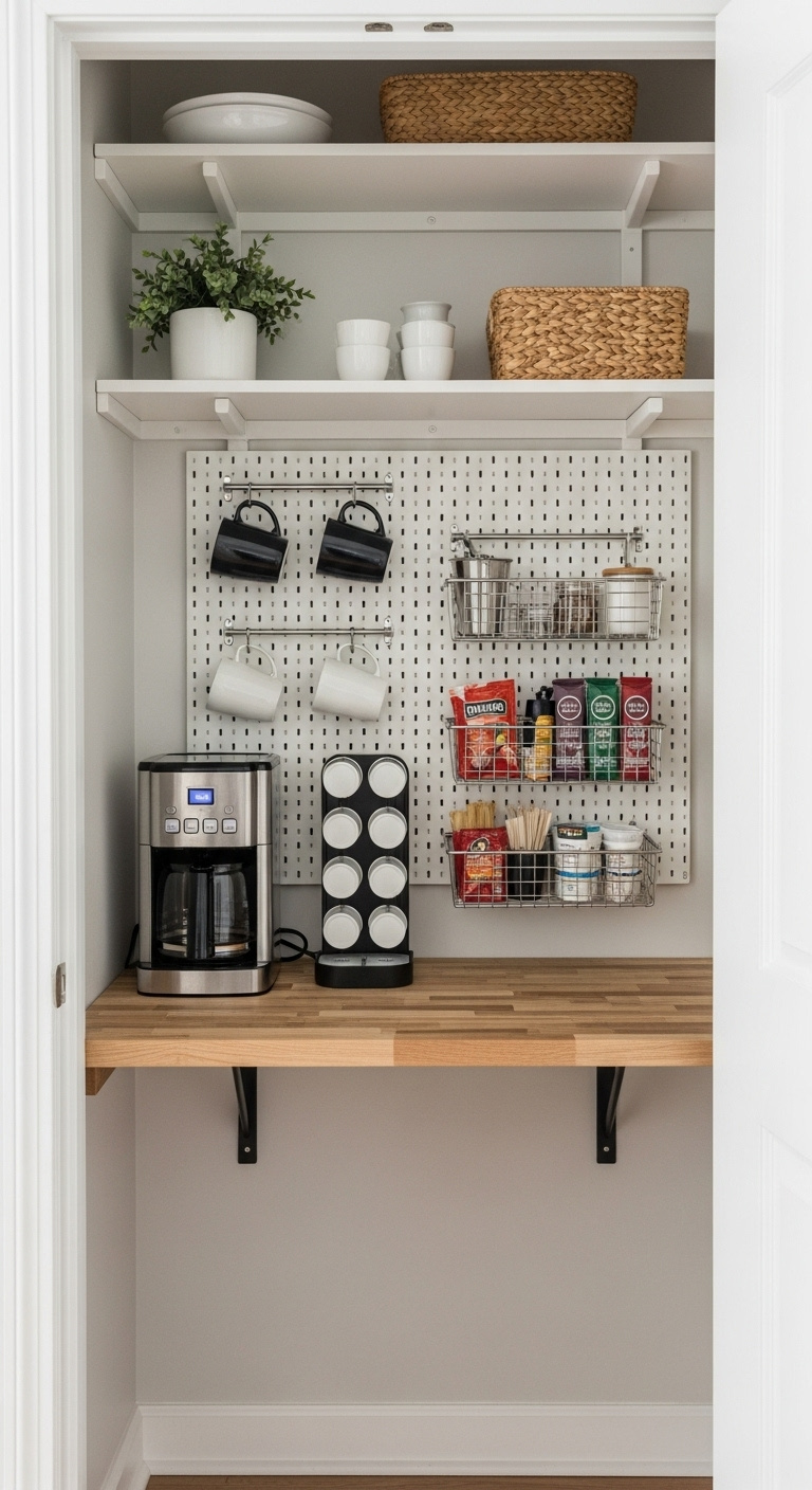 Hidden pantry coffee station with counter pegboard hooks and baskets for mugs pods and accessories