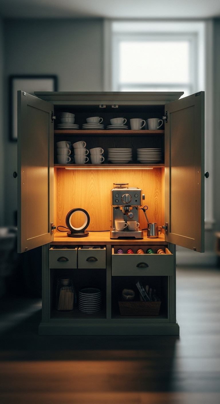 Hidden rustic sage green coffee bar cabinet with an espresso machine cups saucers and coffee pods illuminated by a warm puck light