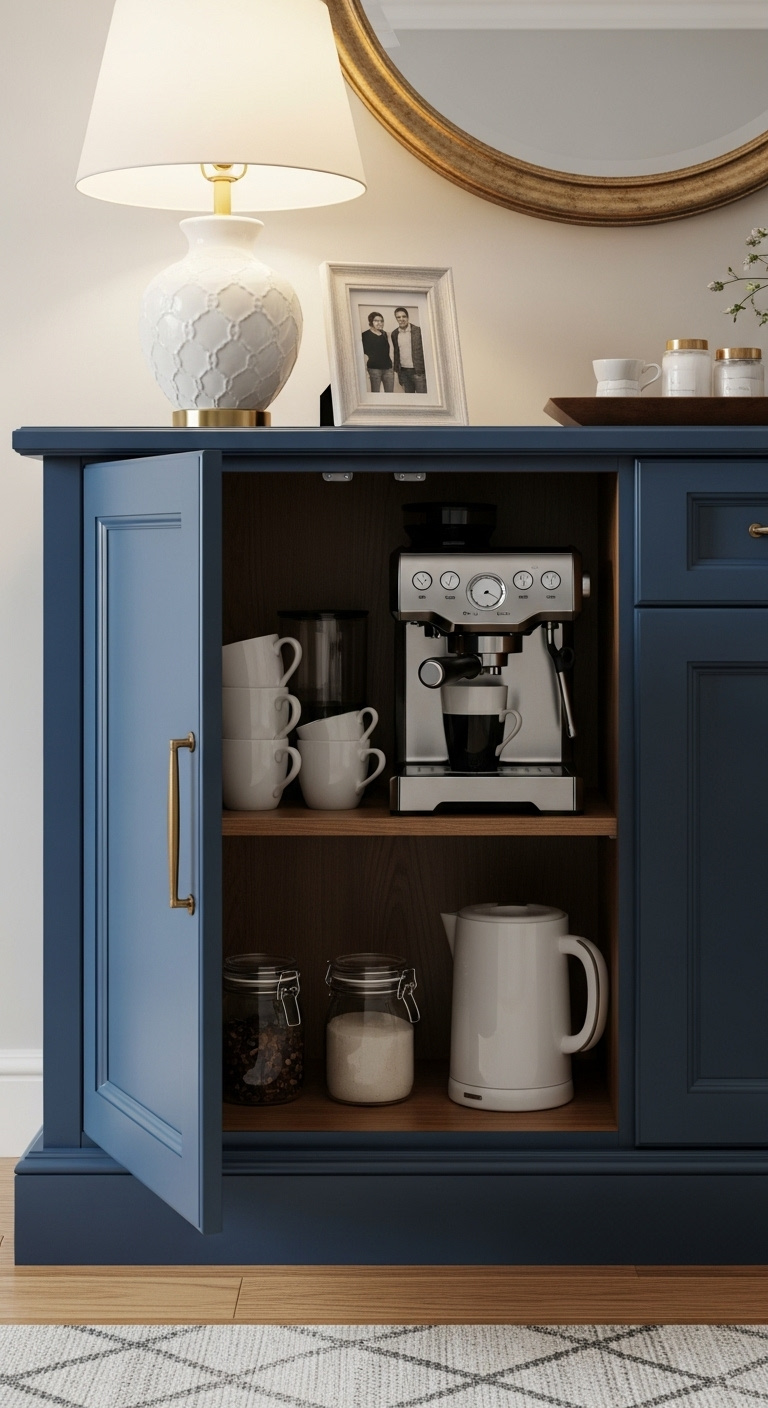 Hidden storage hero entryway cabinet with an open door revealing an organized coffee station inside with espresso machine and mugs
