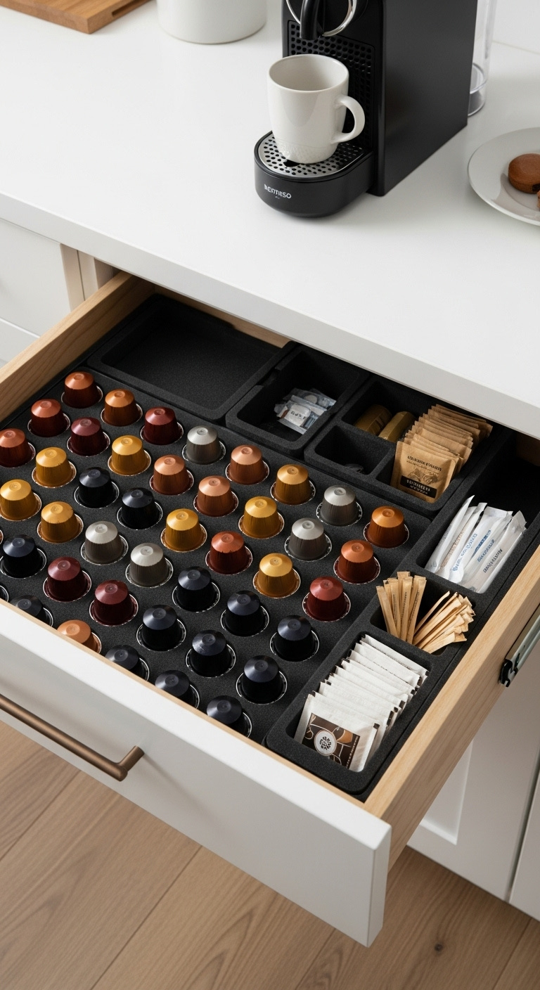 Hidden under-cabinet Nespresso coffee station with organized pods in a drawer and Citiz machine above