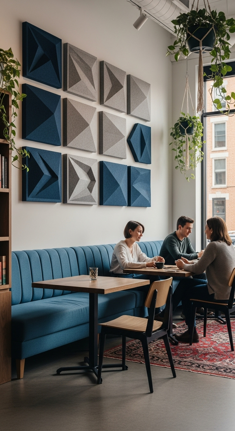 High-ceilinged coffee shop with sound-absorbing felt panels geometric shapes and plush upholstered banquette seating for acoustic comfort