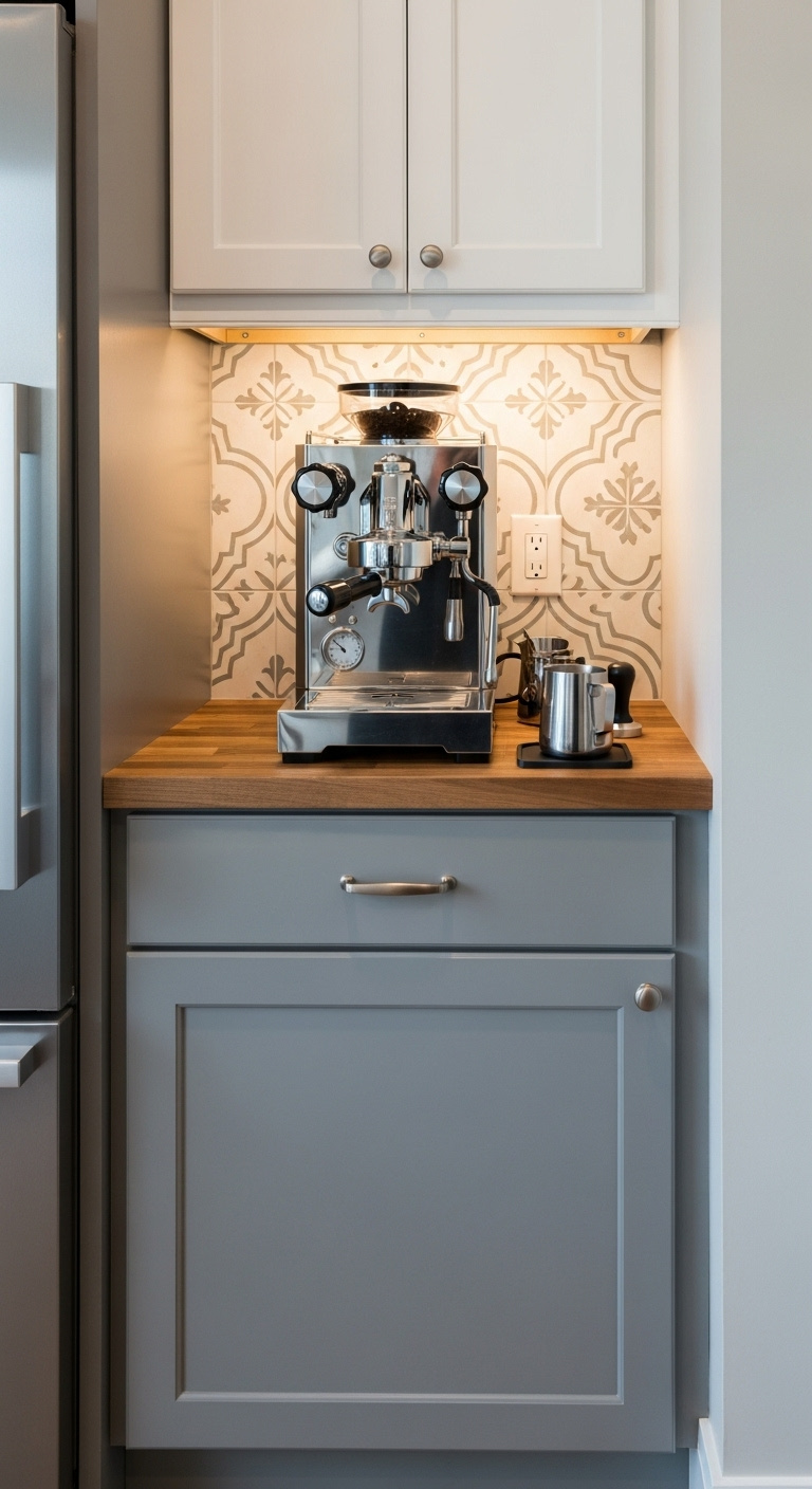 High-end DIY coffee bar with gray IKEA HAVSTA cabinet butcher block espresso machine and tile backsplash