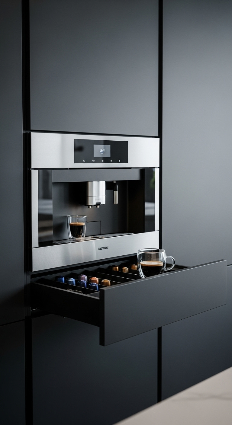 High-end stainless steel coffee maker built flush into dark charcoal gray kitchen cabinets with a drawer revealing espresso pods