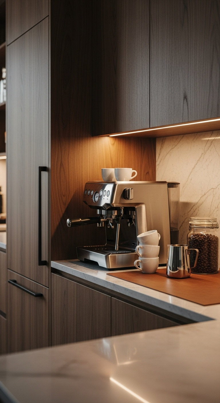 High-end walnut custom coffee bar with built-in espresso machine leathered stone countertop and panel ready refrigerator