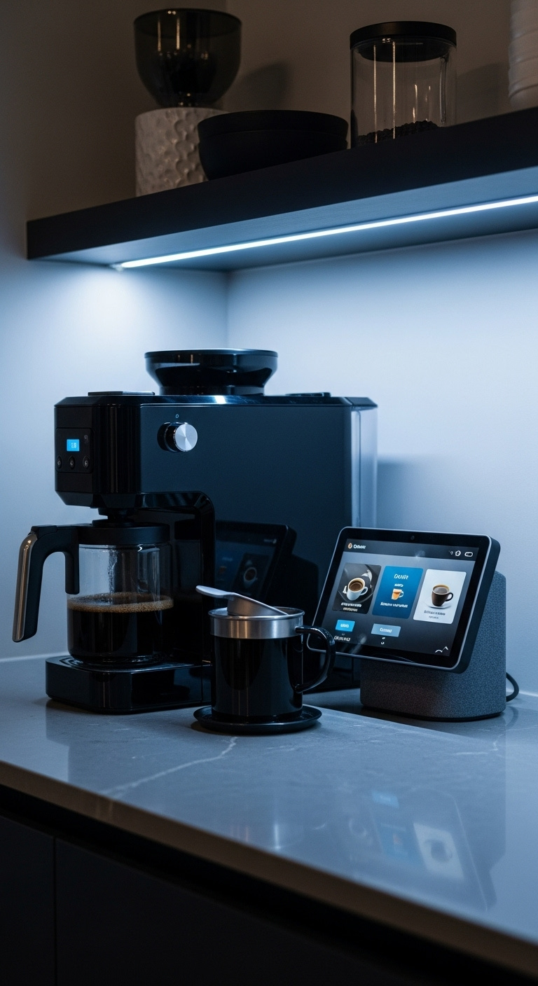 High-tech smart coffee hub with sleek black coffee maker Amazon Echo Show and cool LED lights