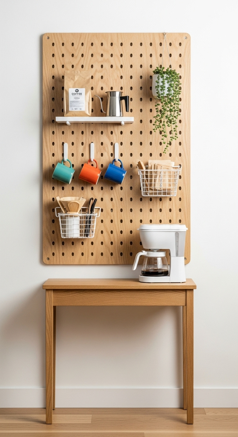 Highly organized coffee station with a natural plywood pegboard, colorful mugs, and a white drip coffee maker on a console table