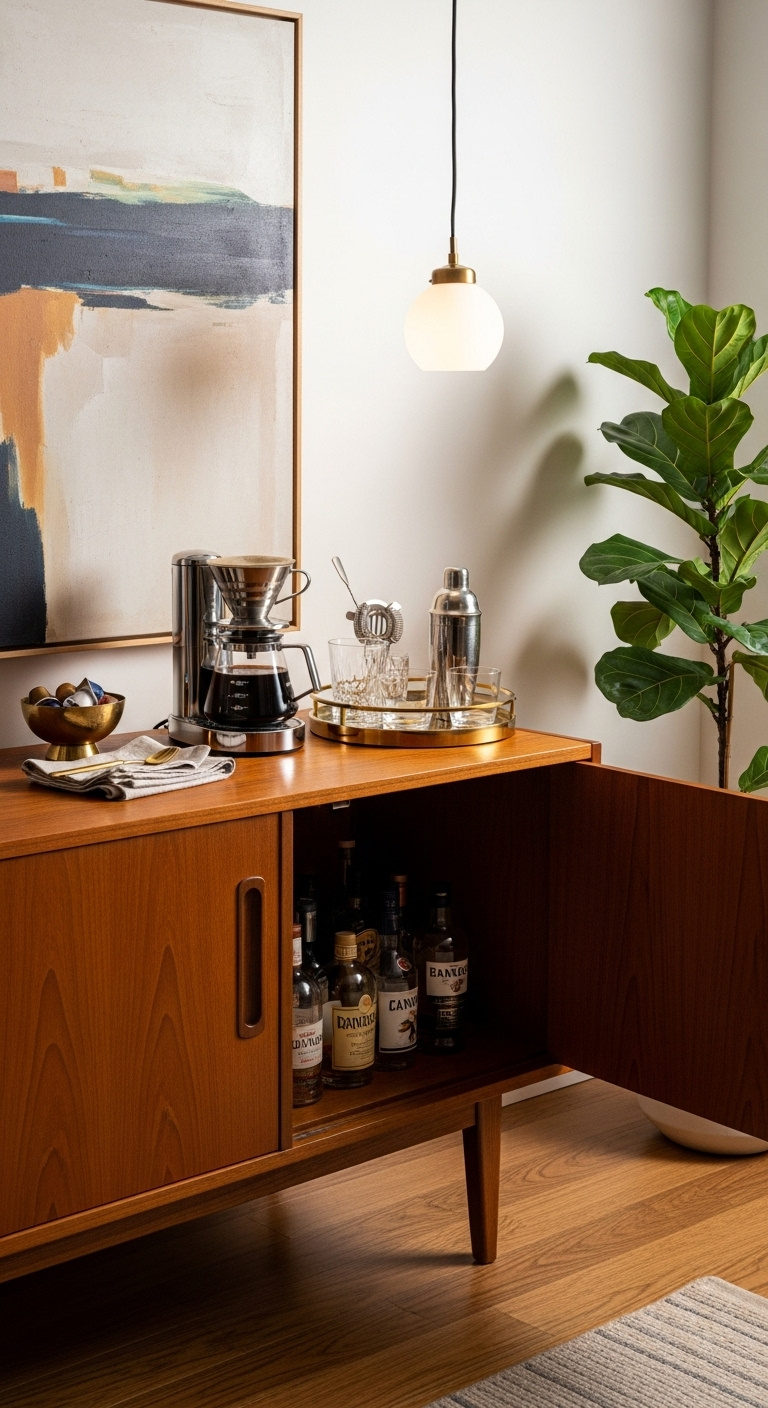 Home coffee and bar cabinet featuring stylish design and integrated storage for drinks