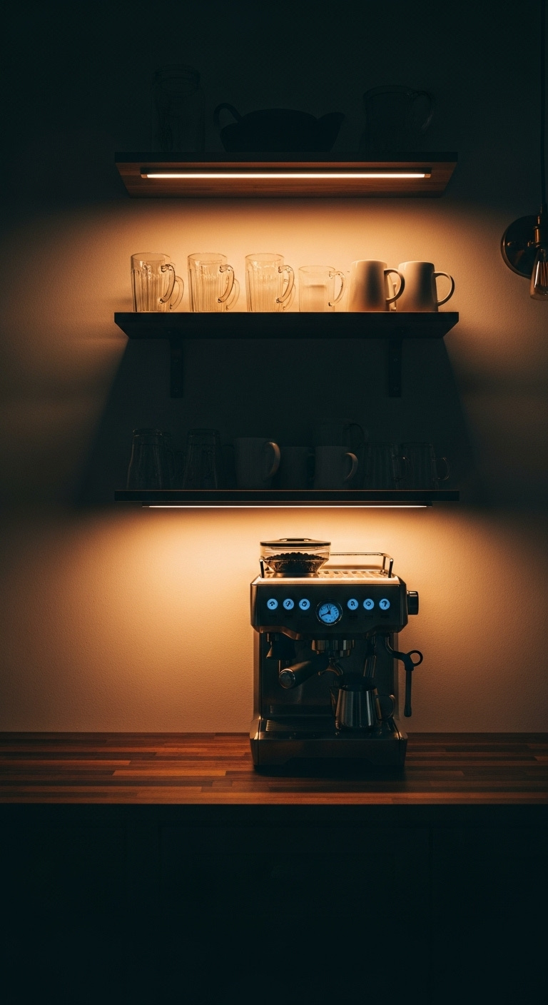 Home coffee bar at dusk with warm under-cabinet LED lighting, glass mugs, espresso machine, and a dark wood countertop creating a cozy mood