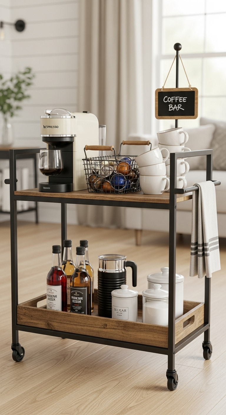 Home coffee bar with Nespresso machine and stylish glass mugs