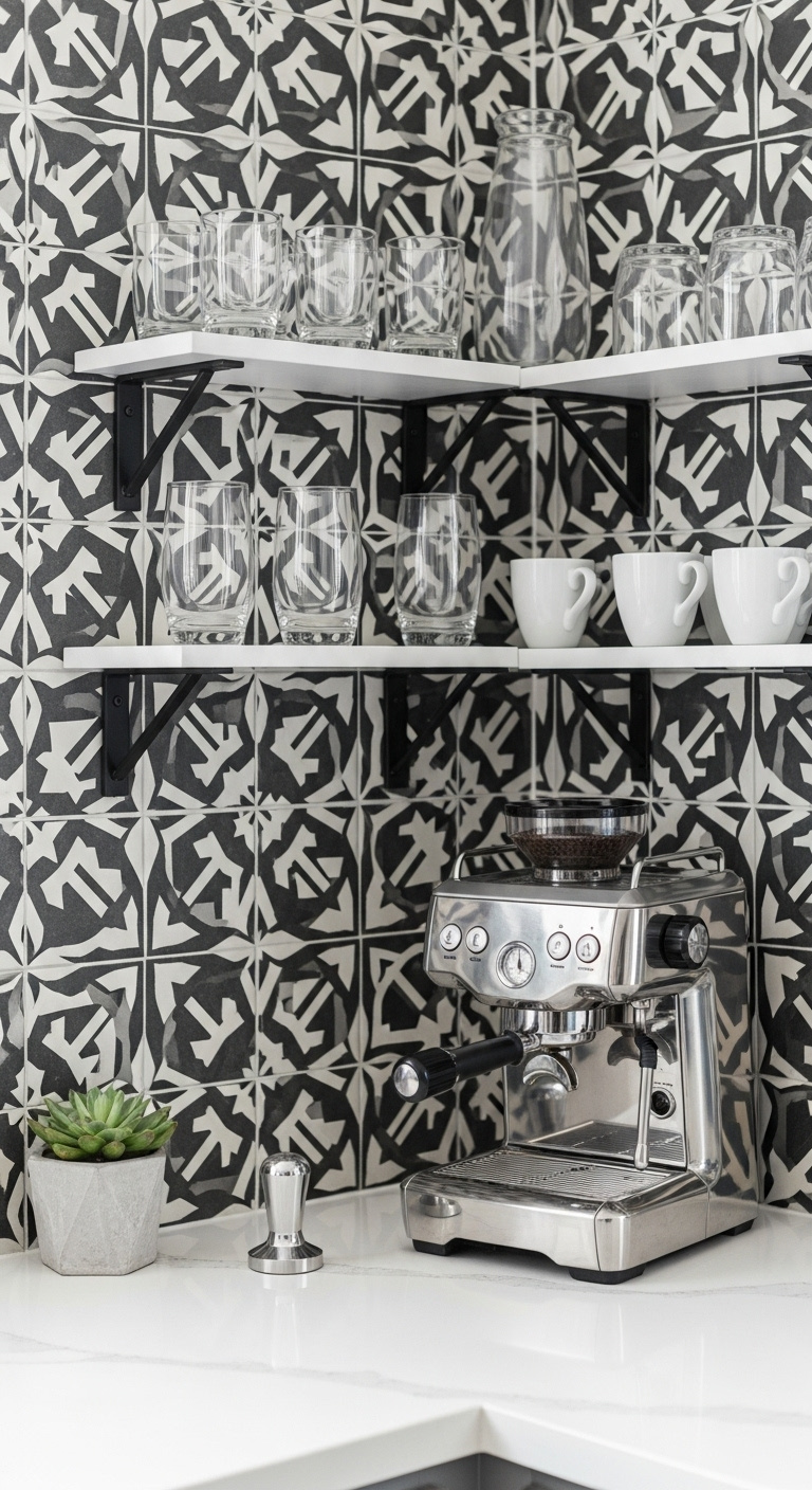Home kitchen espresso station with modern design and floating shelves
