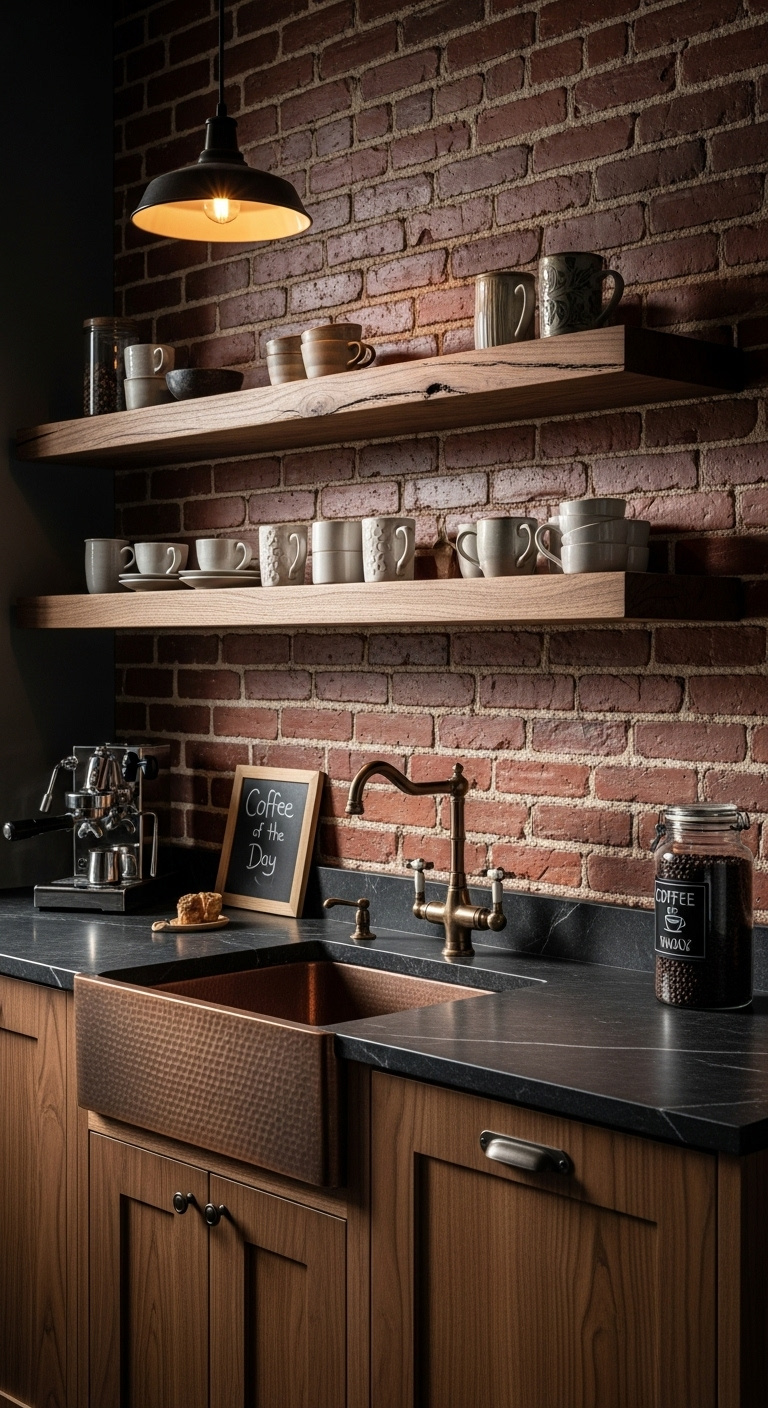 Home wet coffee bar with espresso machine and oak shelving