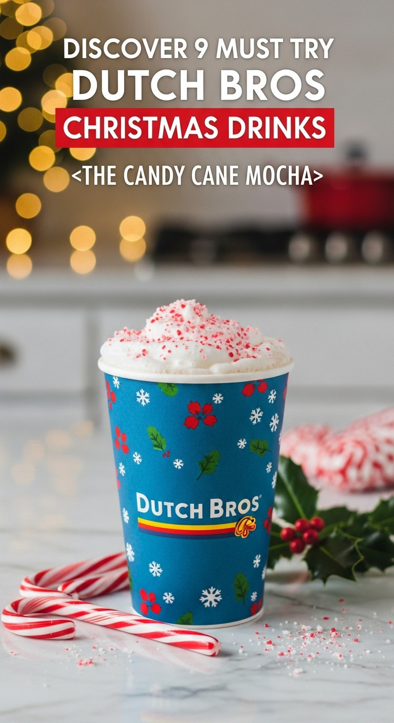 Hot Candy Cane Mocha with Soft Top and sprinks, a whole candy cane, and holly on a marble countertop with twinkling Christmas lights
