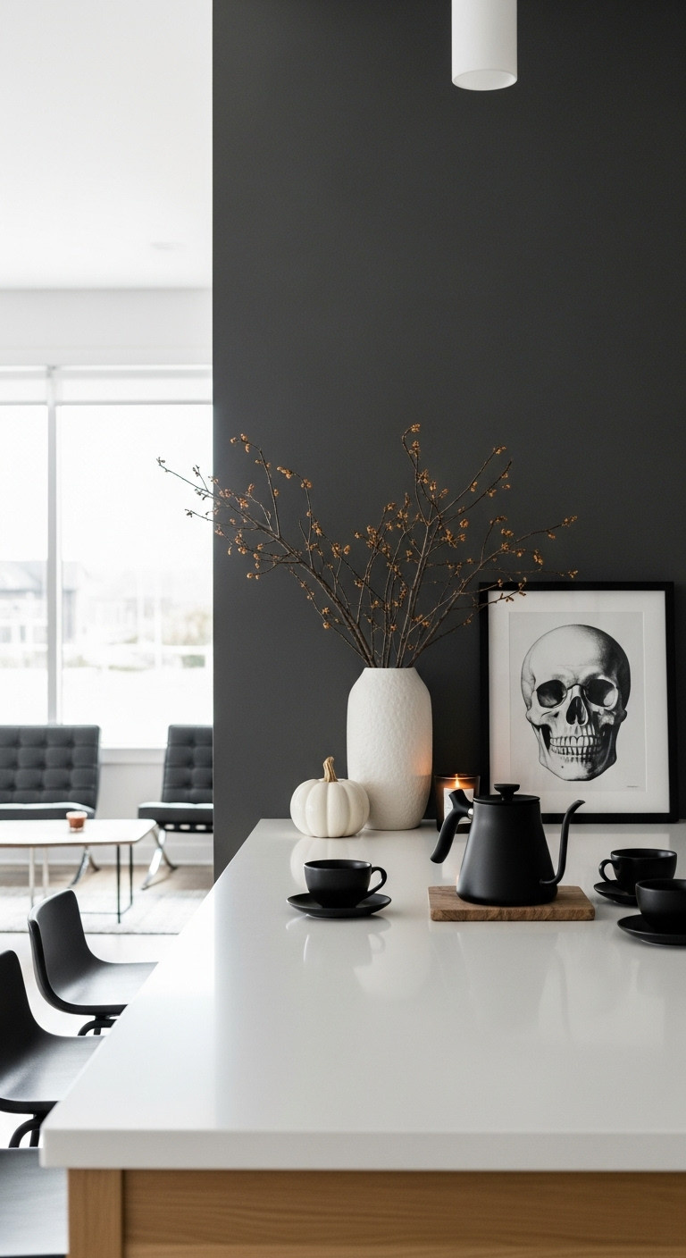 Hyperrealistic Bloxburg Chic Minimalist Macabre coffee bar with white counter dead branches skull art and elegant ceramic pumpkin decor