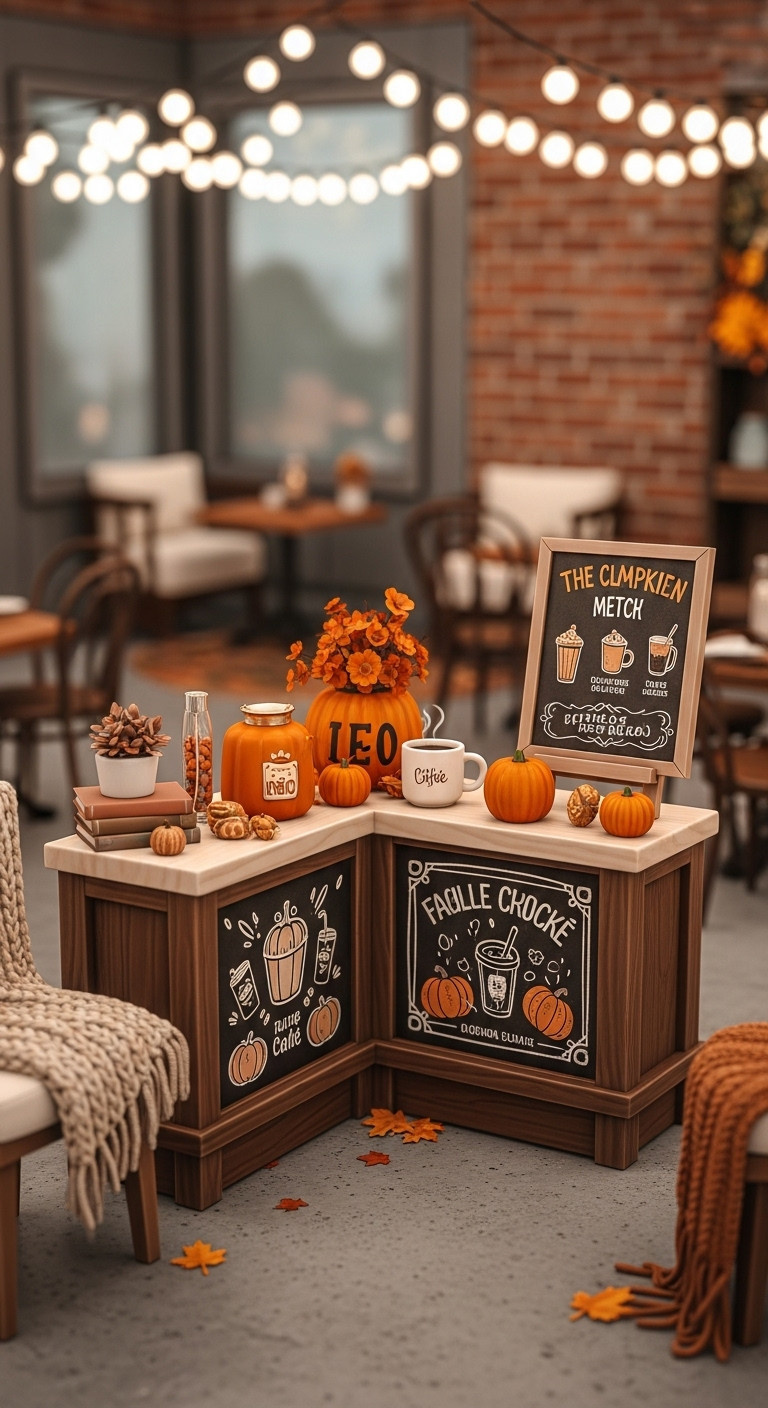 Hyperrealistic Bloxburg Classic Pumpkin Patch Cafe with rustic counter in-game pumpkins steaming mug and chalkboard menu decal